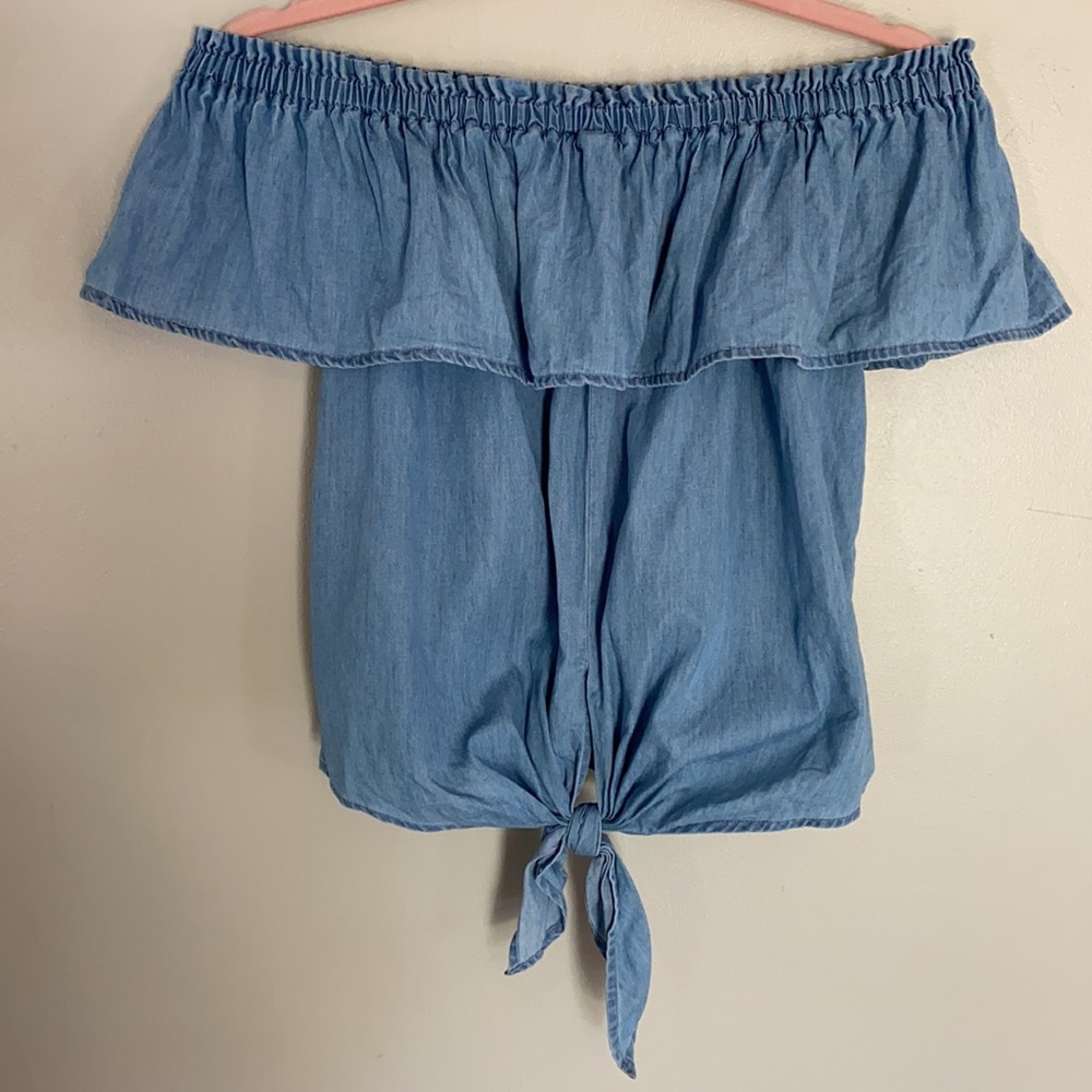 Express Denim Off The Shoulder Tie Front Top